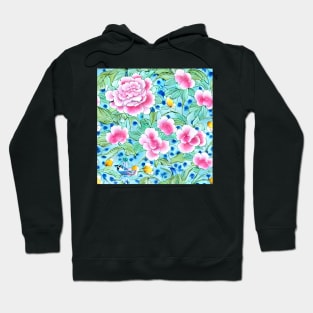 Pink chinoiserie flowers and leaves on turquoise Hoodie